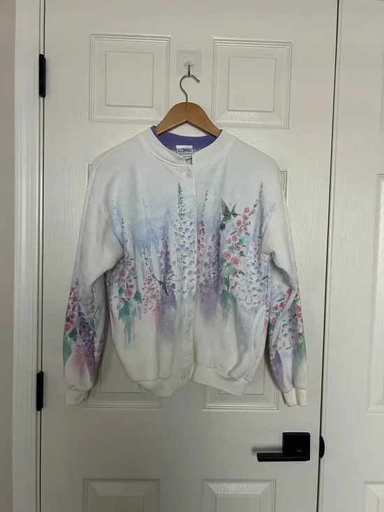 Vintage White Floral Hummingbird Button-Up Sweatshirt Sz M 80% Cotton - Picture 7 of 7